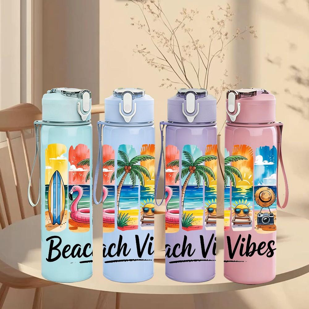 1PC Beach Vibes Tropical Retro Vacation Badge 750ml Color Plastic Sports Water Bottle Leakproof Flip Straw Lid Suitable for Sports Office Home Use