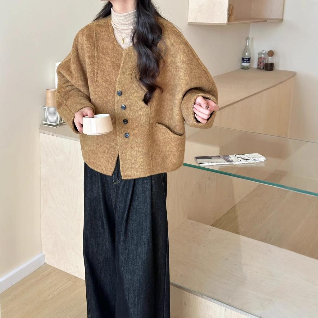 Herbst und Winter Einfarbig Kurz Einreihig Beidseitiger Wollwollmantel für Damen Petite Lässiger Wollmantel