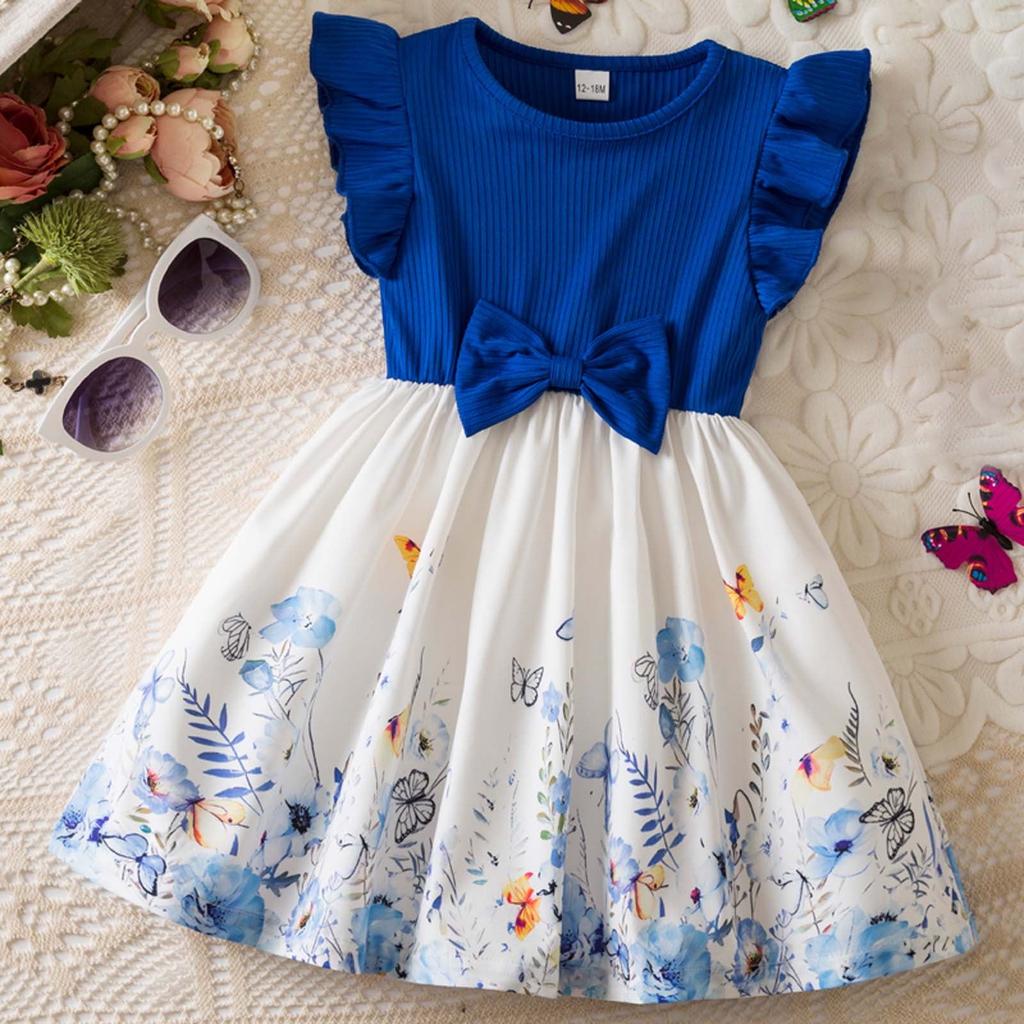 Toddler Girls Dress Flutter Sleeve Bow Waistband Floral Butterfly Print Skater Style Casual Summer Dress for Little Girls