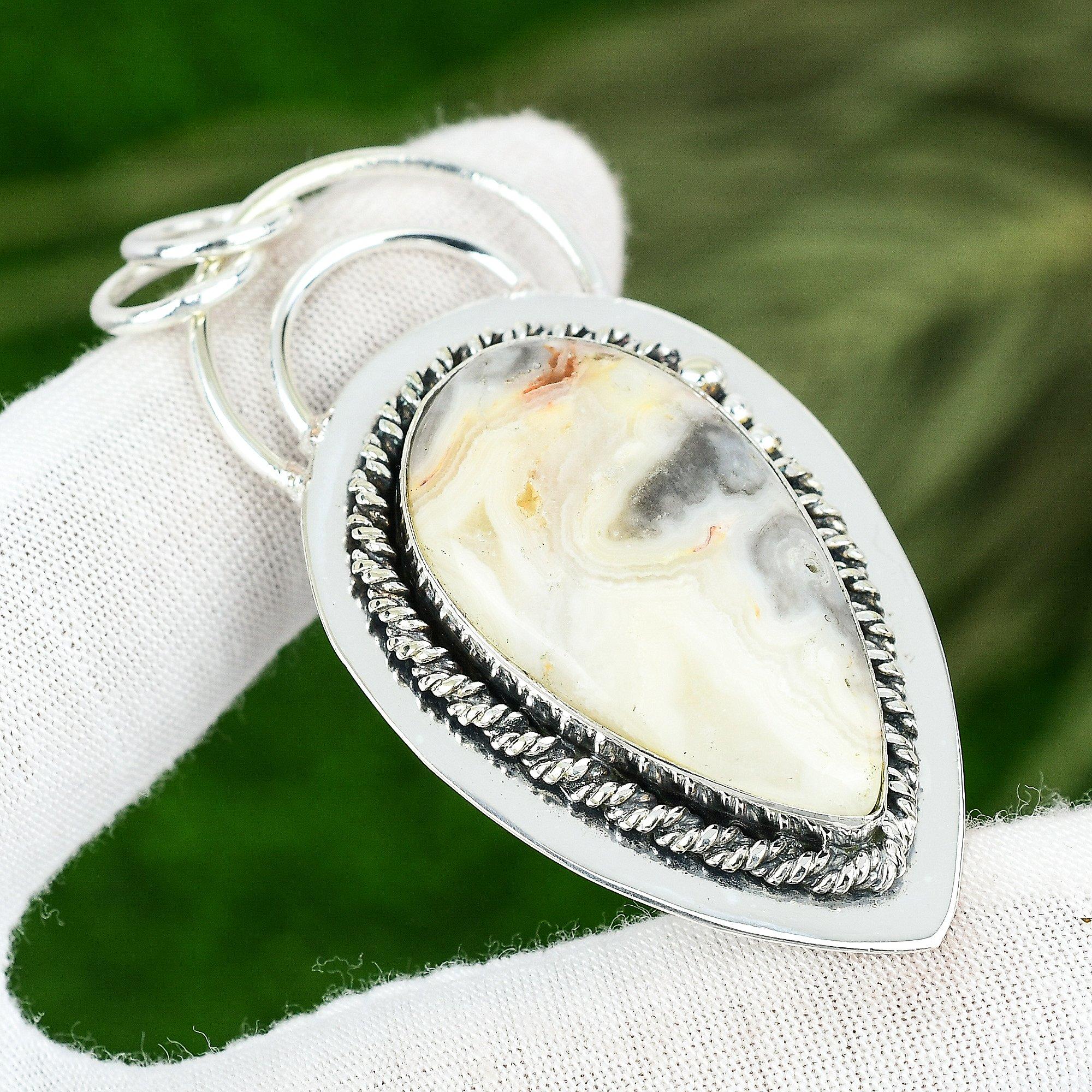 

925 Sterling Silver Natural Mexican Laguna Lace Agate Artisan Unique New Pendant