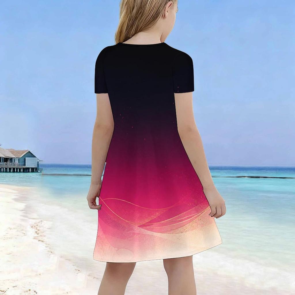 Girls Round Neck Short Sleeve Colorful Swirl Printed A Line Flared Dress