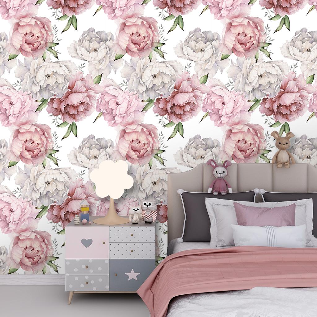 Pink Peony Blossom Floral Peel and Stick Wallpaper White Flower Self Adhesive Wallpaper Vintage Removable Contact Paper