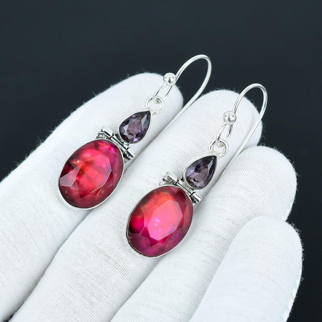 Ammolite & Amethyst Gemstone Earrings, 925 Sterling Silver Earrings Unique Style Earrings, Dangle Drop Earrings For Anniversary Gifts