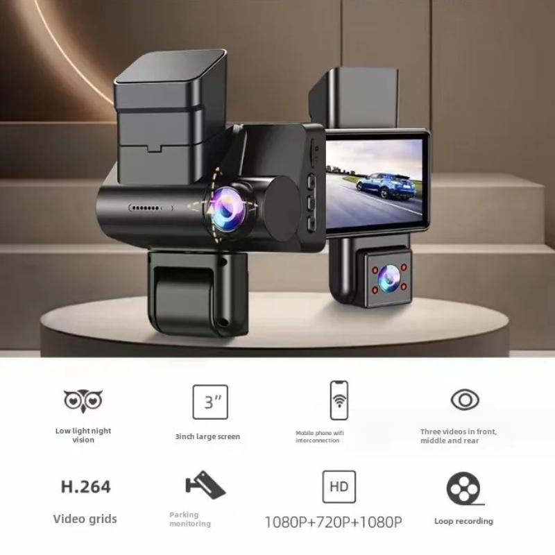Dash Cam with Triple Recording, HD 1080P, WiFi, Infrared Night Vision, and Ultra-wide-angle Triple Lens