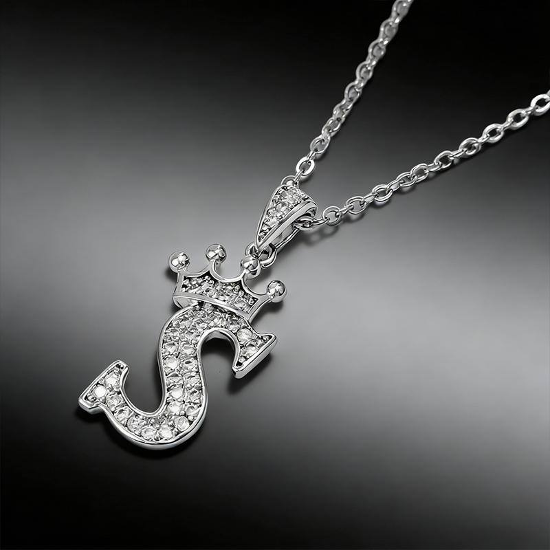 Cubic Zirconia Crown Letter Pendant Necklace Silver Hip Hop Punk Alphabet Jewelry