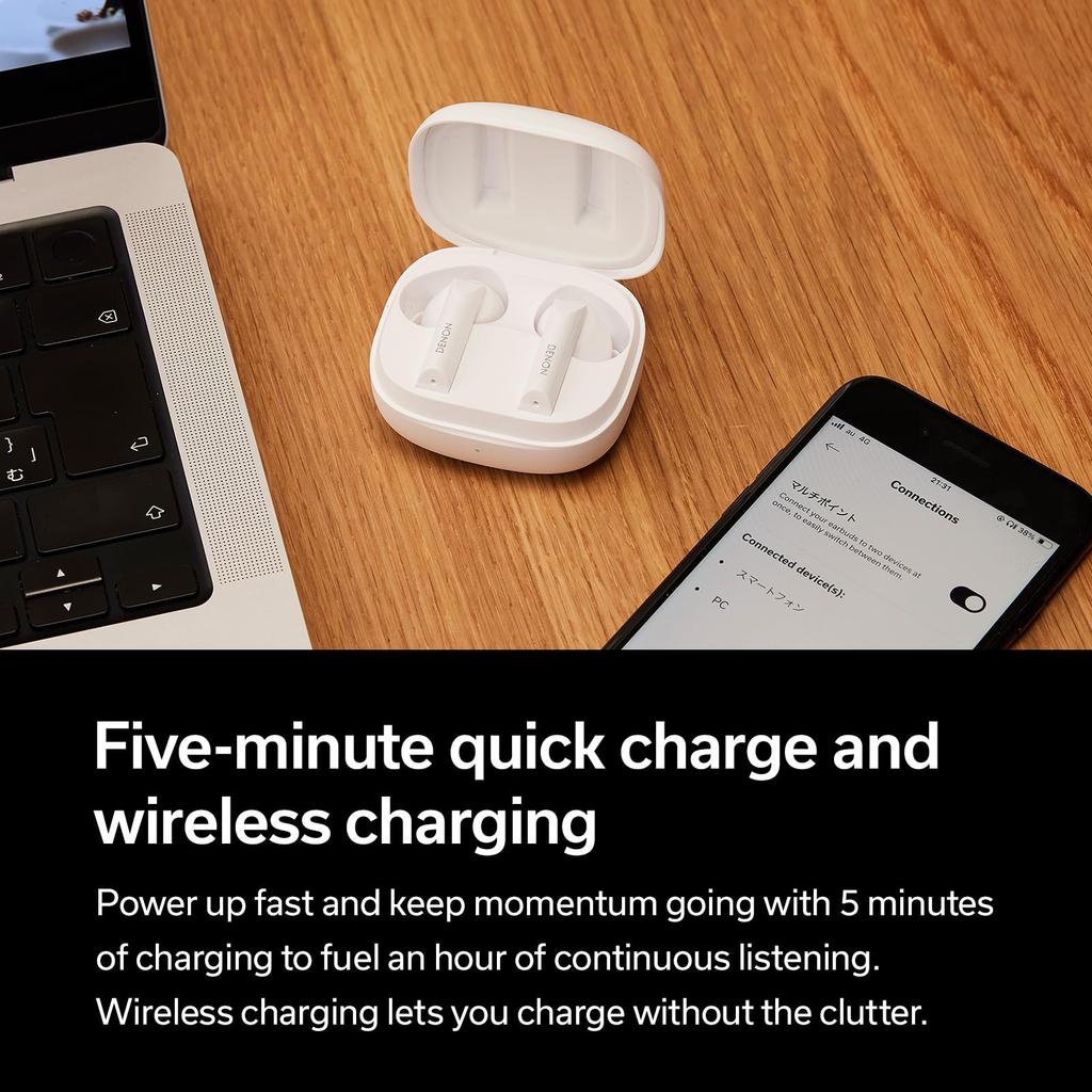 Denon AHC840NCW True Wireless Headphones with Active Noise Charging Wireless 12mm Biocellulose White In-Ear Cancellation, USB-C Case, Charging,