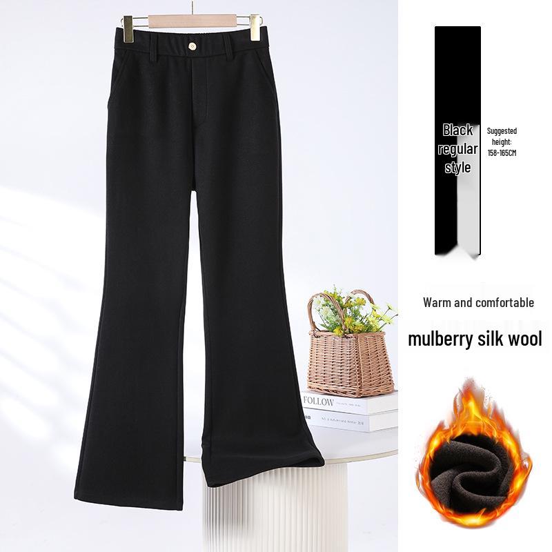 Women s 2025 Plus Size Fleece-Lined Woolen Bell Bottom Pants - High-Waisted, Soft, Fluffy, Micro-Flare with Silk & Wool Velvet Details 3XL