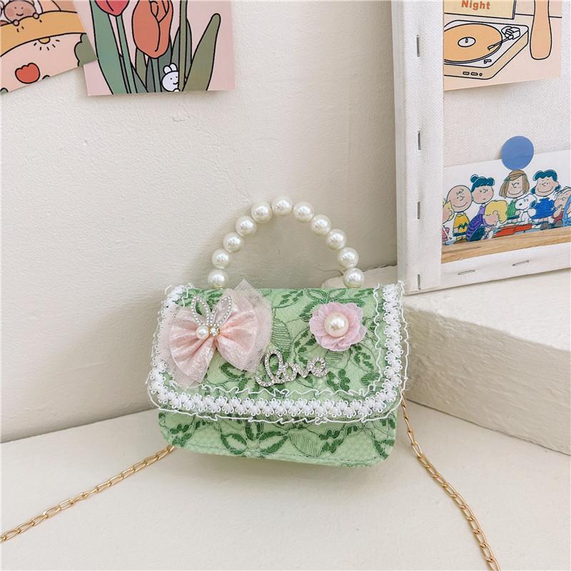 Stylish Lace Princess Mini Pearl Handheld Purse For Girls With Floral Patterns And Breathable Polyester
