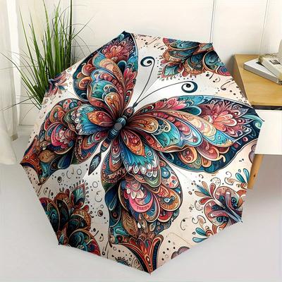 Butterfly, Mandala Theme Automatic Open/Close Umbrella, Portable 3 Fold Compact Umbrella for Men & Women, Valentine's Day Mother's Day Gift0725063