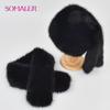 SOMALER Winter Faux Fur Hat Scarf Set Warm Women Flat Top Bucket Caps with Two Tails Caps Scarves