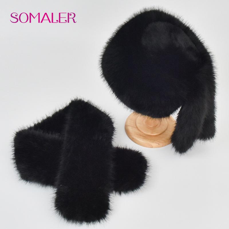SOMALER Winter Faux Fur Hat Scarf Set Warm Women Flat Top Bucket Caps with Two Tails Caps Scarves