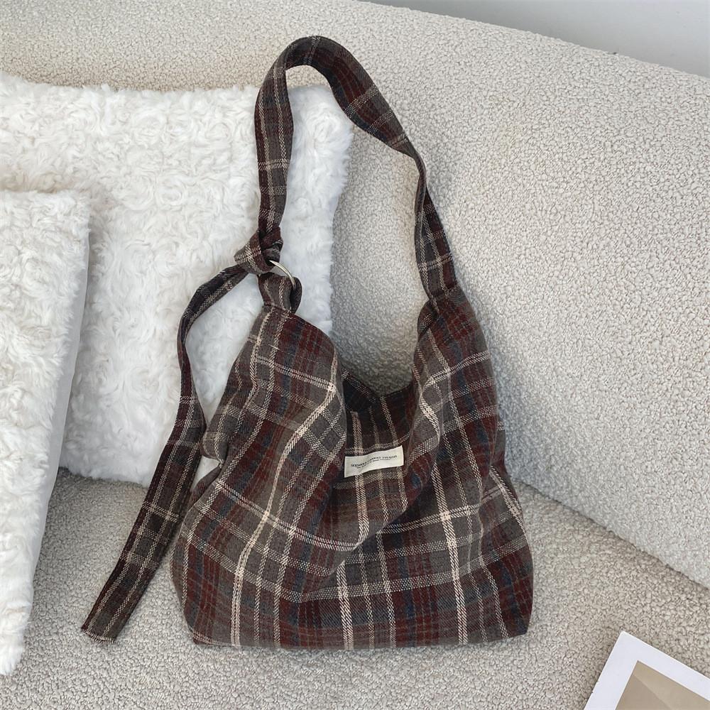 Trendy Checkered Wool And Canvas Shoulder Bag For Daily Casual Outfits