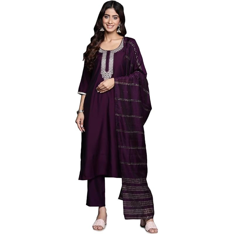 Libas Women's Silk Blend Kurta Sets (GS816_Purple_2XL)