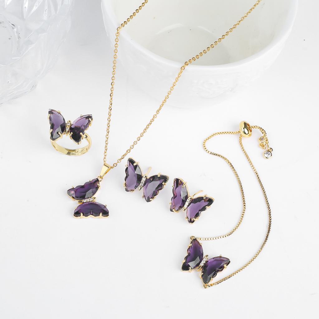 4pcs Creative 21 Colors Crystal Zirconia Butterfly Bracelet Necklace Earrings Ring Jewelry Set Luxury For Woman Party Jewelry