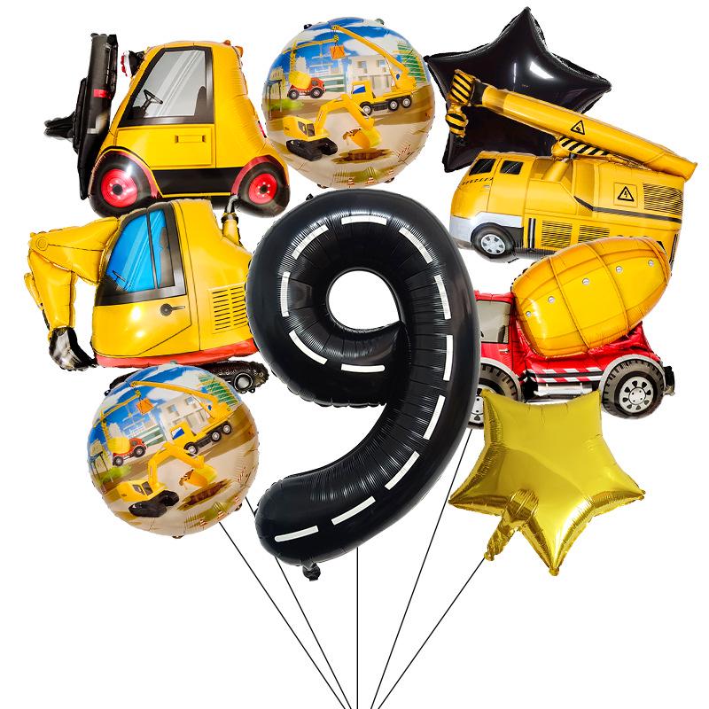 40" Black Number Construction Vehicle Theme Aluminum Foil Balloon Set for Birthday Party Decorations