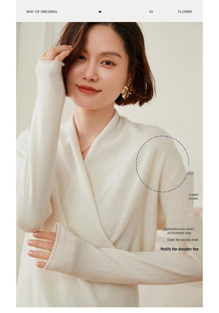 Elegant Slim-Fit Cross V-Neck Cashmere Knit Sweater - Women's Autumn Solid Color Pullover