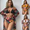 European and American Sexy Bikini Three-Piece Printed Mesh Blouse Swimsuit