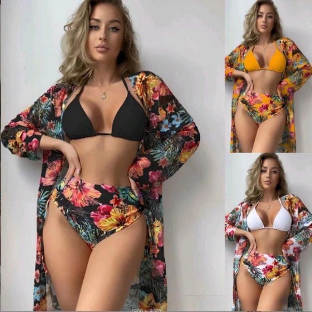 European and American Sexy Bikini Three-Piece Printed Mesh Blouse Swimsuit
