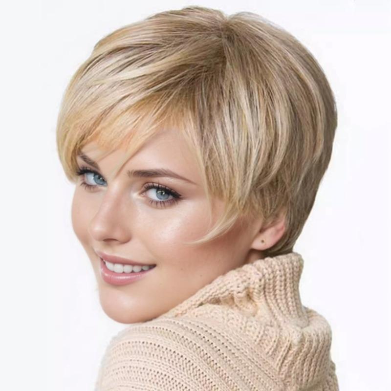 Fashionable women's gradient mixed color short hair with slanted bangs and split straight hair wig