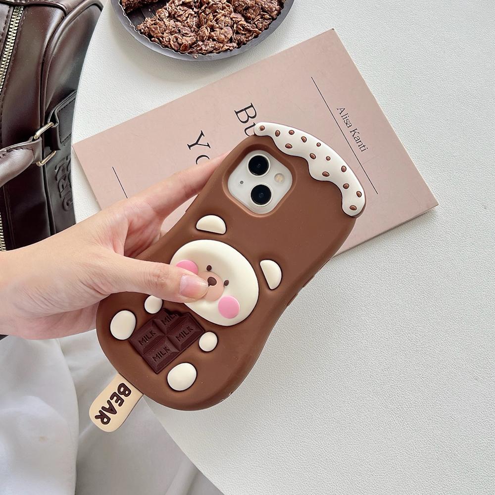 Kawaii 3D Cartoon Chocolate Ice Cream Bear Phone Case For iPhone 16 15 14 13 12 Pro Max 11 Cute Soft Silicone Back Cover