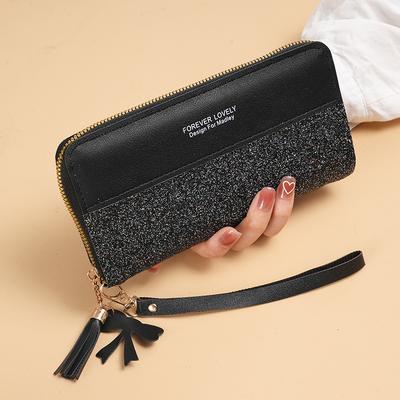 1pc Korean-Style Women'S Wallet with Tassel Wristlet Faux Leather, Zipper Closure, Key Compartment, Mobile Phone & Card Holder