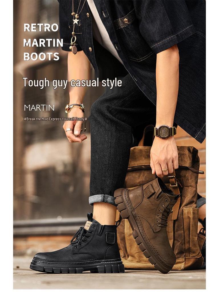 Men's Retro Lace-Up Microfiber Leather Martin Boots – Thick Sole Round Toe for Autumn/Winter Outdoor Hiking & Motorcycle Wear