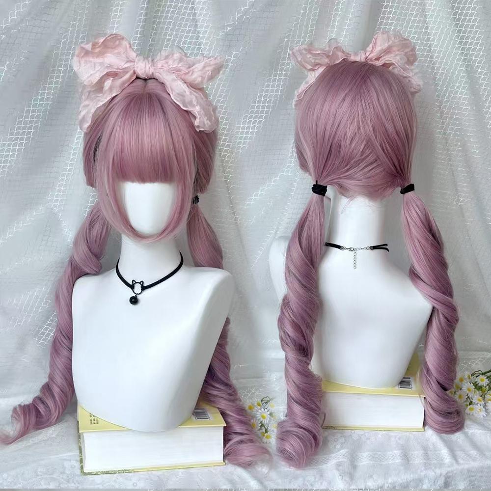 Heat Resistant Synthetic Curly Wig With Bangs Double Ponytail For Women Lolita Anime Cosplay Party
