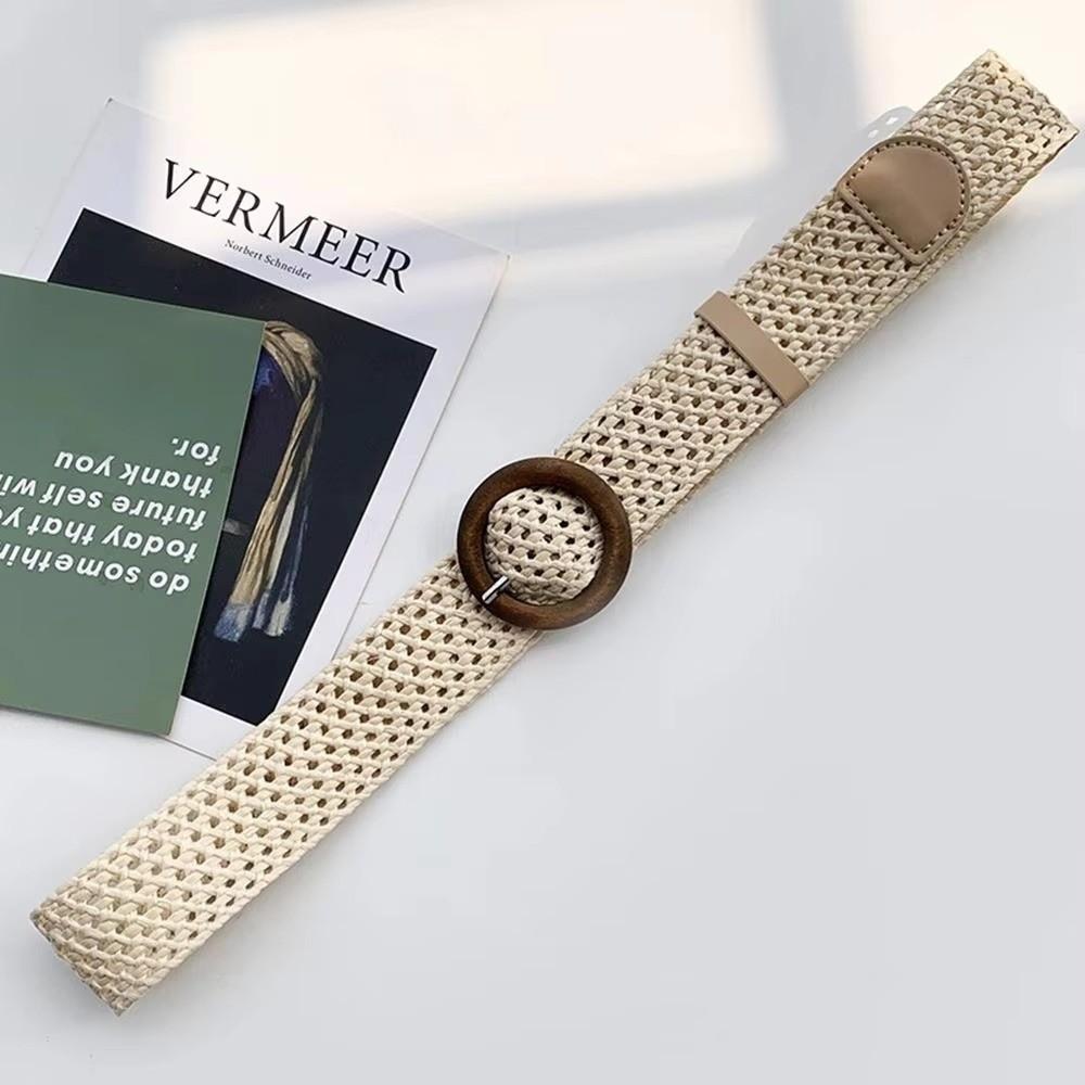 Round Buckle Waist Belt Straw Braided Belt Retro Woven Waistband for Holiday