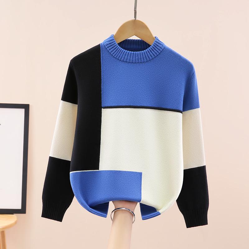 Chłopięcy bawełniany sweter z okrągłym dekoltem w blokach kolorystycznych - z podszewką polarową, gruby dzianinowy na jesień/zimę.