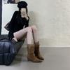 French retro suede thick heel short tube thin boots women's 2025 autumn and winter new fashionable versatile pleated stacked short boots