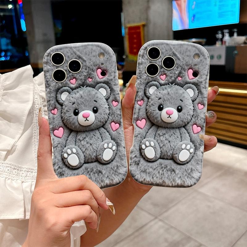 For iPhone 17 16 15 14 13 12 11 Pro Max XS X XR 15 16 Plus 16E 17Air Cute Cartoon Grizzly Bear Pink Heart Printed Silicone Cover