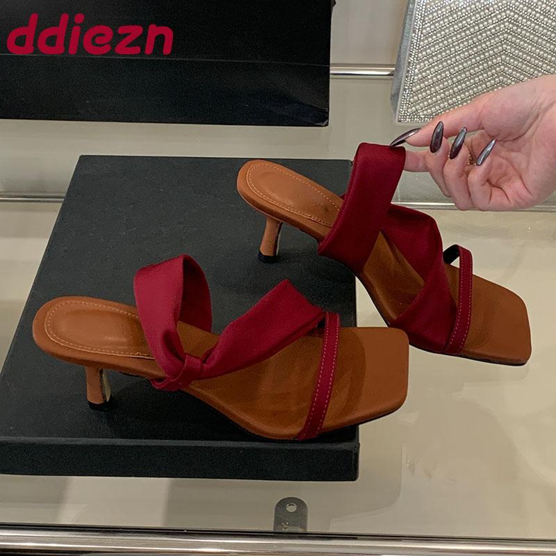 Fashion Fashion Square Toe Ladies Thin Heels Sandals Slides Shoes Summer Spring Elegant Women Heeled Sandals Shoes Female Footwear