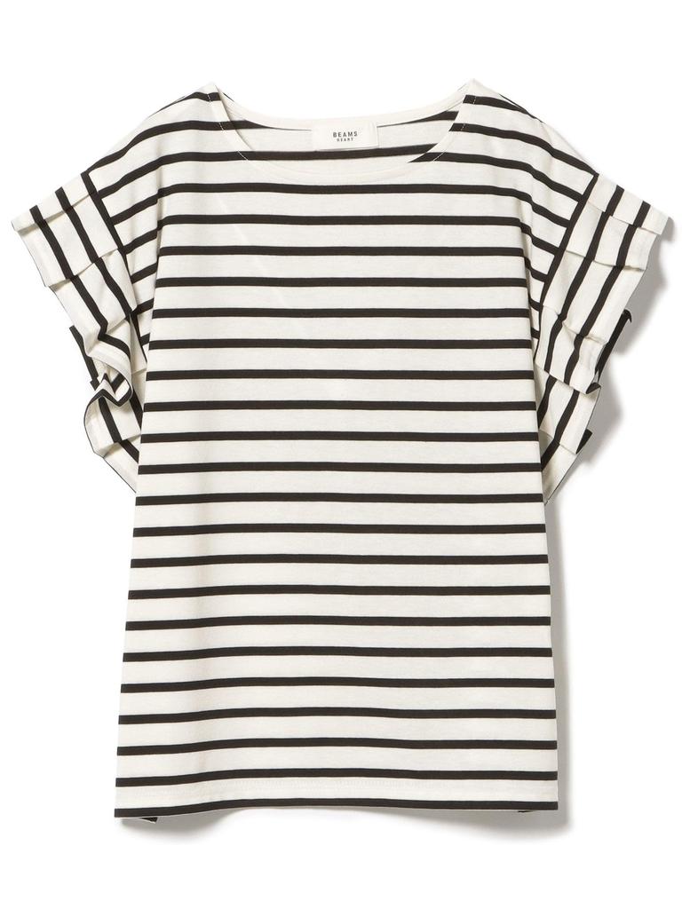 Beams Heart Tee with Tucked Sleeves and Striped Striped Off One Size S/S Pullover, Women's, White,