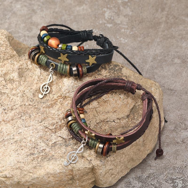

European and N Beaded Leather Woven Retro Bracelets Alloy Notes Cowhide Bracelets Cross-border Jewelry