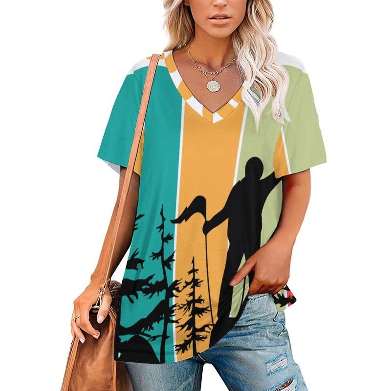 Sommermode 3D Floral bedruckte T-Shirts Damenbekleidung T-Shirt Tops Damen Casual Kurzarm V-Ausschnitt Tops Lockere Bluse