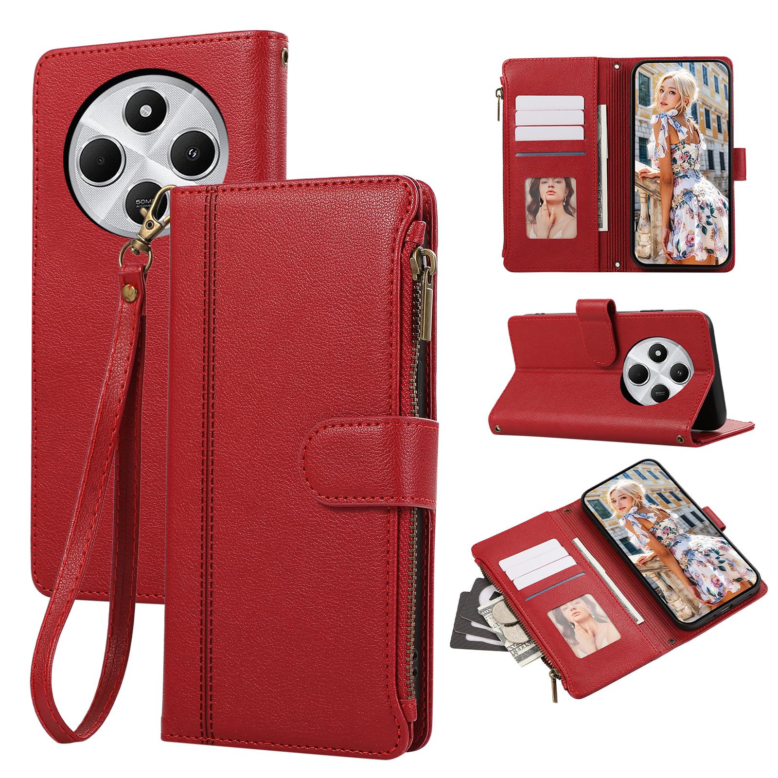 

Leather Phone Cover For Xiaomi Redmi 14C 4G/A3 Pro 4G/A4 5G/14R 5G/Poco C75 4G/Poco M7 5G Multi Card Slots Zipper with Wrist Strap Red