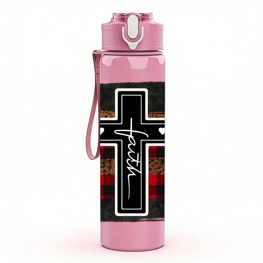 1PC Plaid Cross Religious Print 750ml Color Plastic Sports Water Bottle Leakproof Flip Straw Lid Suitable for Sports Office Home Use