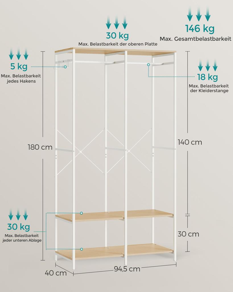 SONGMICS Portable Clothes Wardrobe, Foldable Closet, Clothes Rack Freestanding, Closet Organiser, with Hanging Rods, Storage Shelves, Removable Hooks