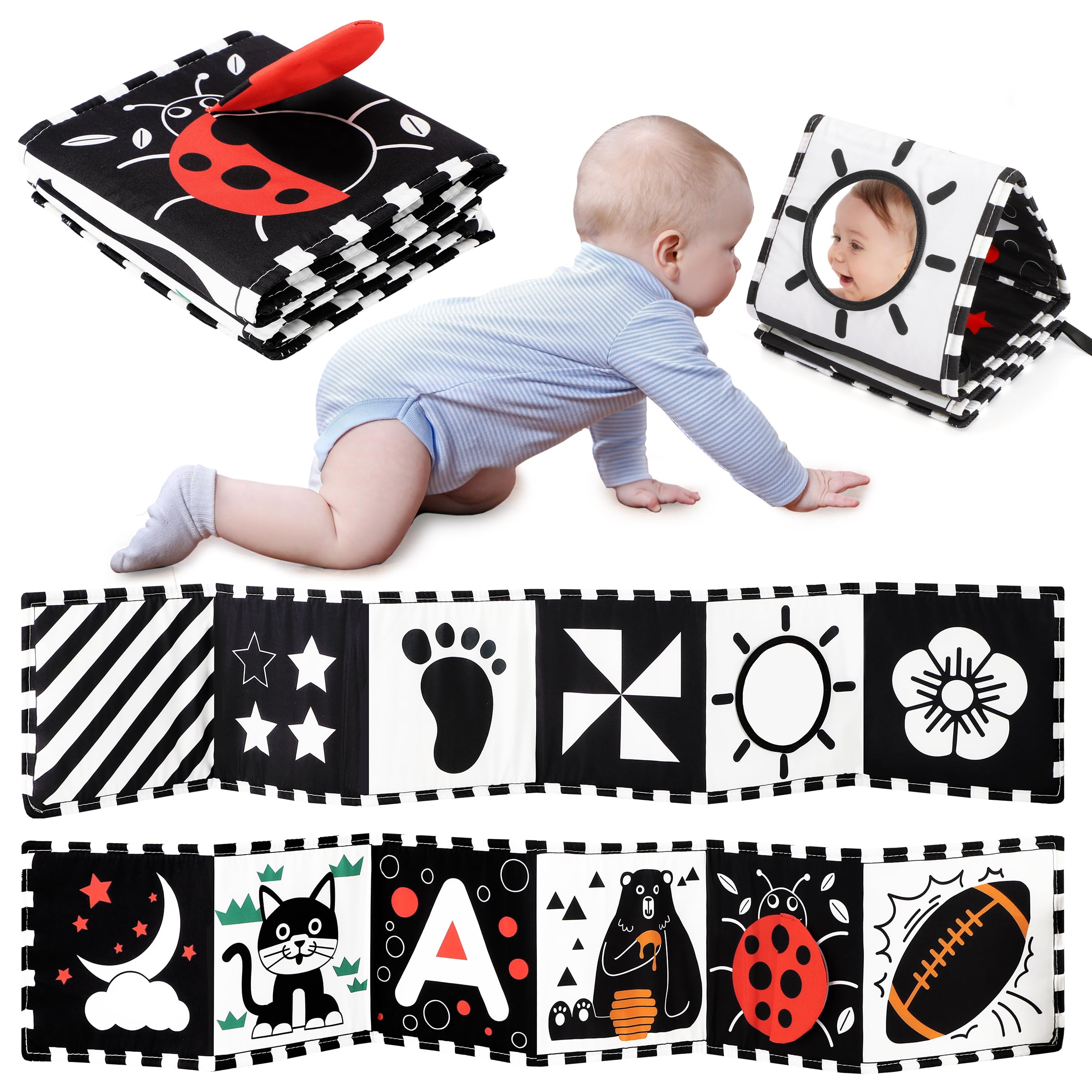 

Black and White Cloth Picture Book for Babies Visual Sensory and Brain Colorful Cloth Picture Book for Newborns and Includes a Crib Finger Stroller