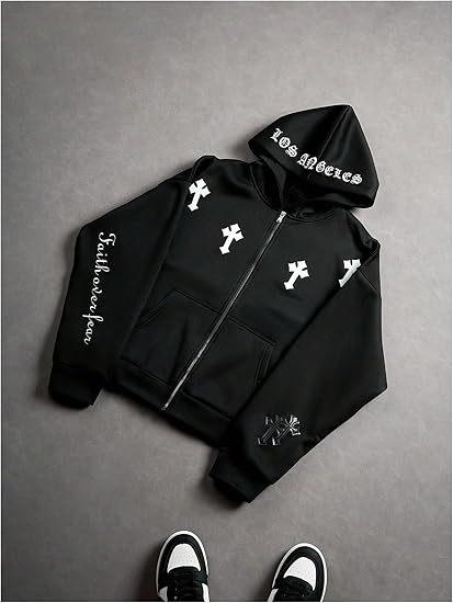 Hot-selling Street-style Cross Print Hooded Sweatshirt for Men, American High Street Zip-up Cardigan