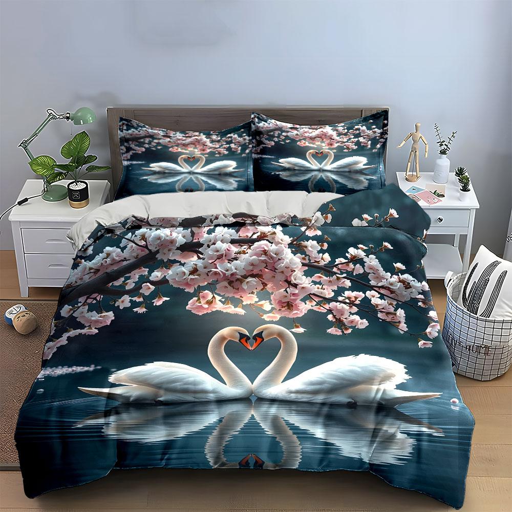 Swans and Cherry Blossom Scene Bedding Duvet Cover Set  (1*Duvet Cover 2*Pillowcases, without duvet insert)