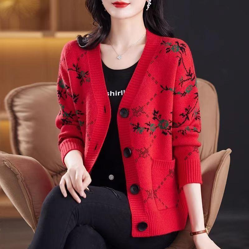 Autumn Winter Women's Plus Size Knitted Cardigan V-neck Printed Knitted Cardigan Sweater Jacket Knitted Top Outerwear.