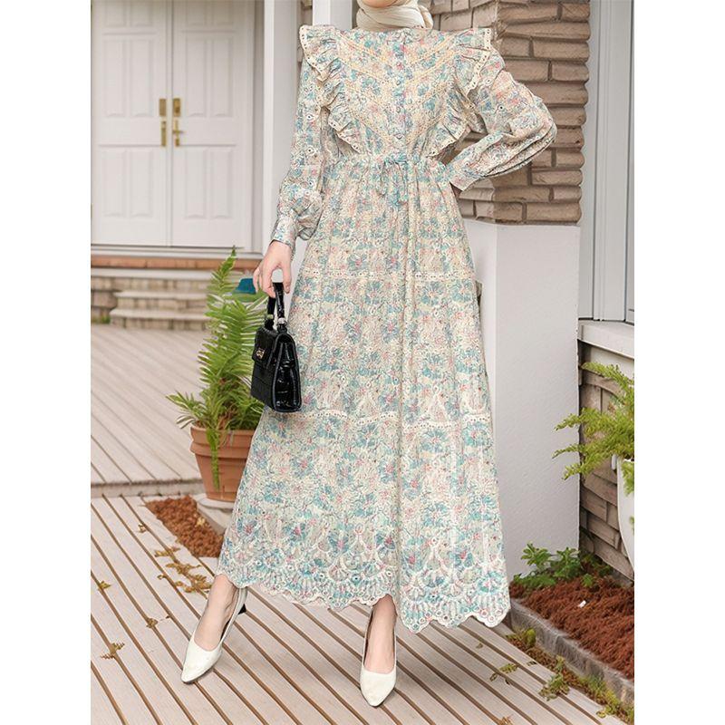 2025 Middle East New Hollow Embroidery Frill Patchwork Lace Floral Foreign Trade Robe Dress Dress