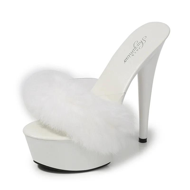 Moda Nuevas zapatillas pelo de conejo tacón fino sexy negro plataforma impermeable odio tacones super altos cielo alto sandalias de verano para mujer