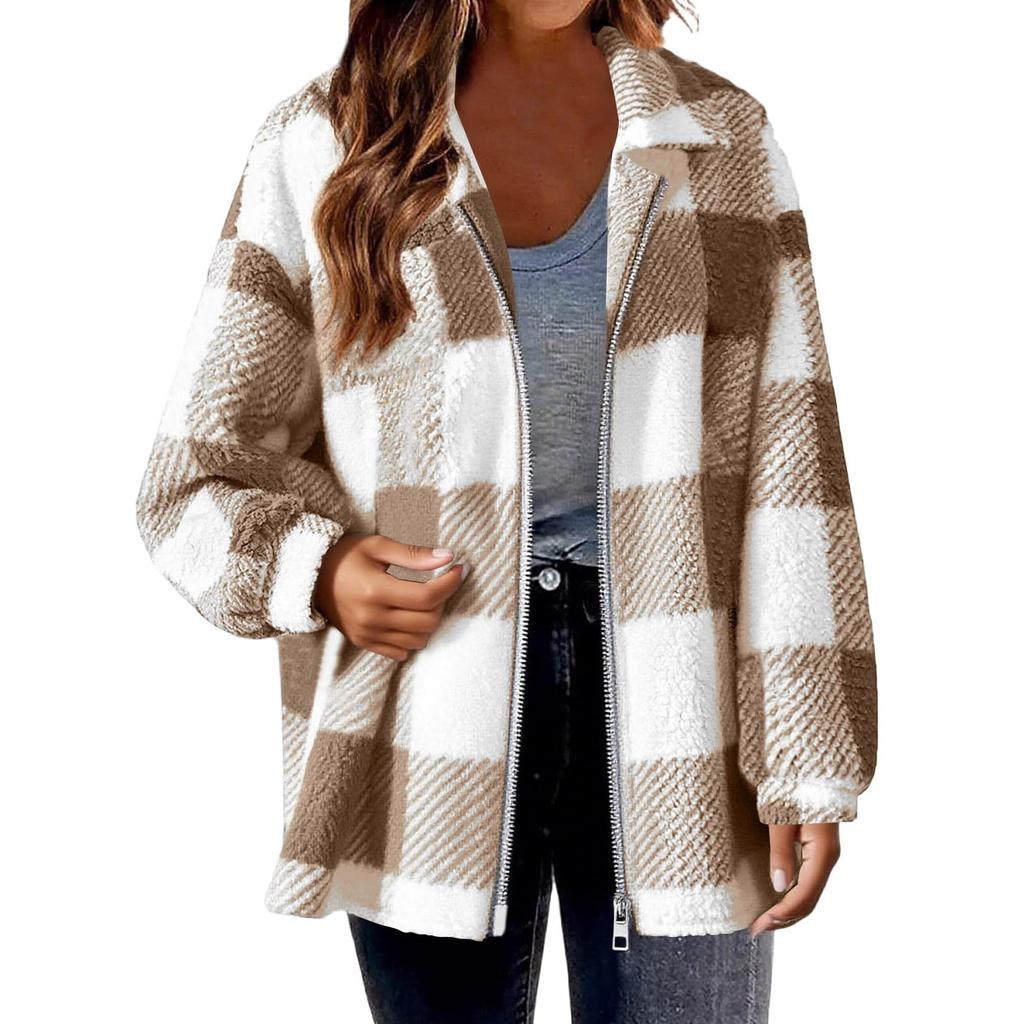 Fashionable Women's Plaid Lambskin Jacket With Pockets Button Plush Coat