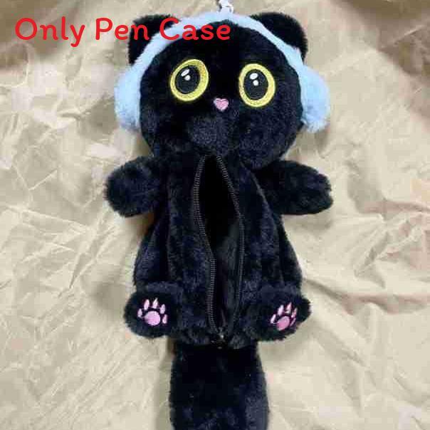 

Fluffy Black Cat Pen Case With Large Capacity Student Stationery Organizer For Cute Desk Decor