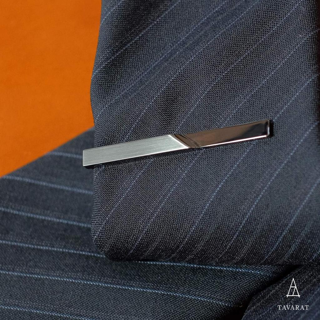 TAVARAT Brass Geometric Tie Clip and Cufflink Made In Black and Silver Men's Set, Japan,