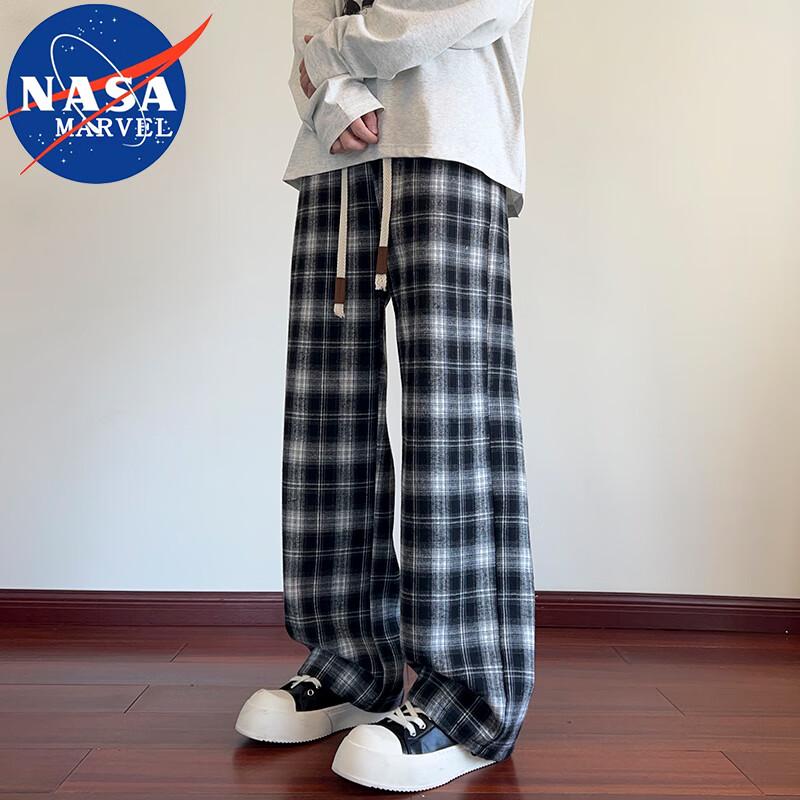 NASA MARVEL Men's Plaid Straight-Leg Drawstring Casual Pants