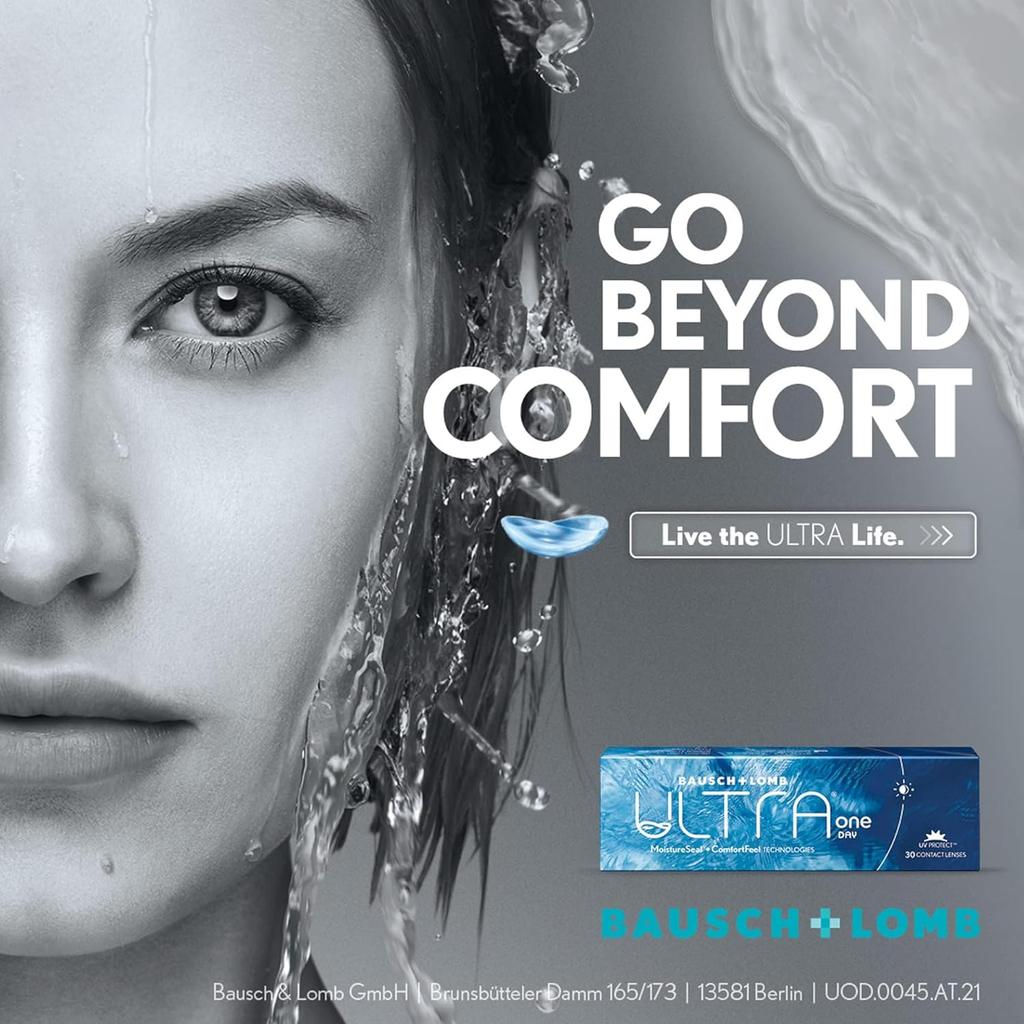 Bausch+Lomb Ultra One Day Spherical Day Lenses, Premium Contact Lenses, Soft, Pack of 30, BC 8.6mm, DIA 14.2