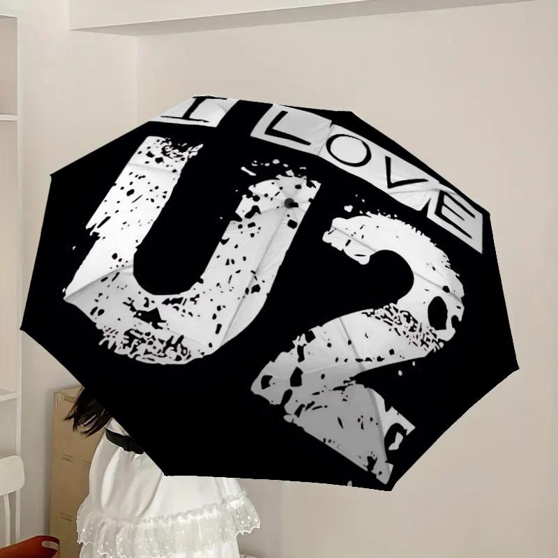 1pc I LOVE U2 [Automatic Folding Umbrella] Durable Iron Frame & Rod, Portable Folding, All Seasons, Home Travel Outdoor, Makes a Great Holiday Gift yy